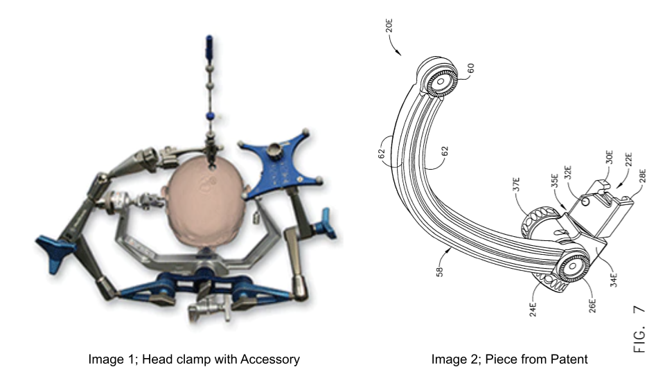 Figure 1; Head clamp with Accessory and Figure 2; Piece from Patent.