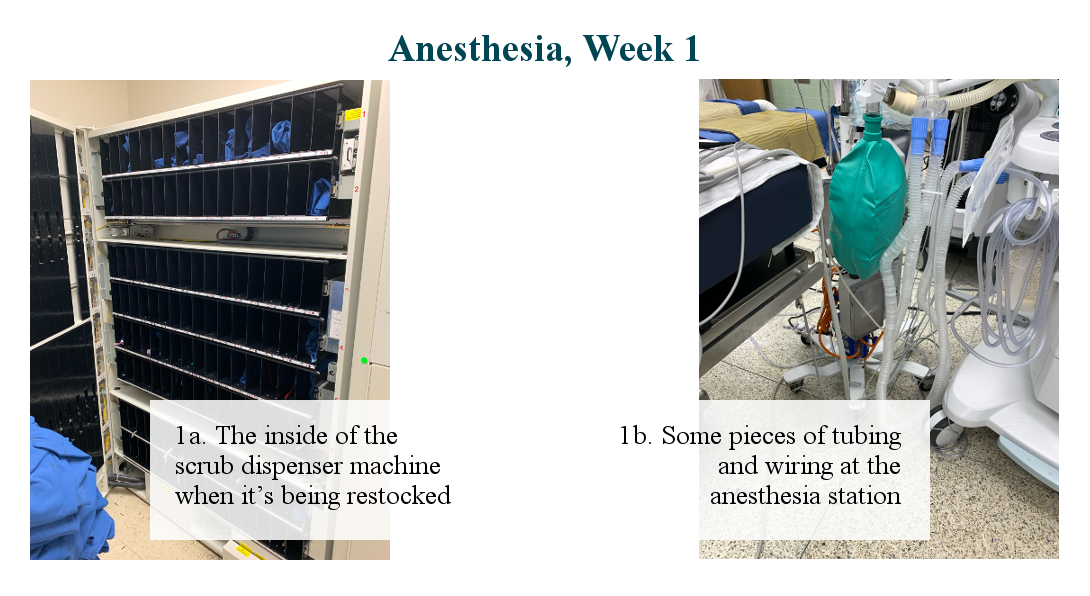 Image 1a: Photo of the inside of the scrub dispenser machine when it’s being restocked. Image 1b: Photo of tubing and wiring at the anesthesia station.