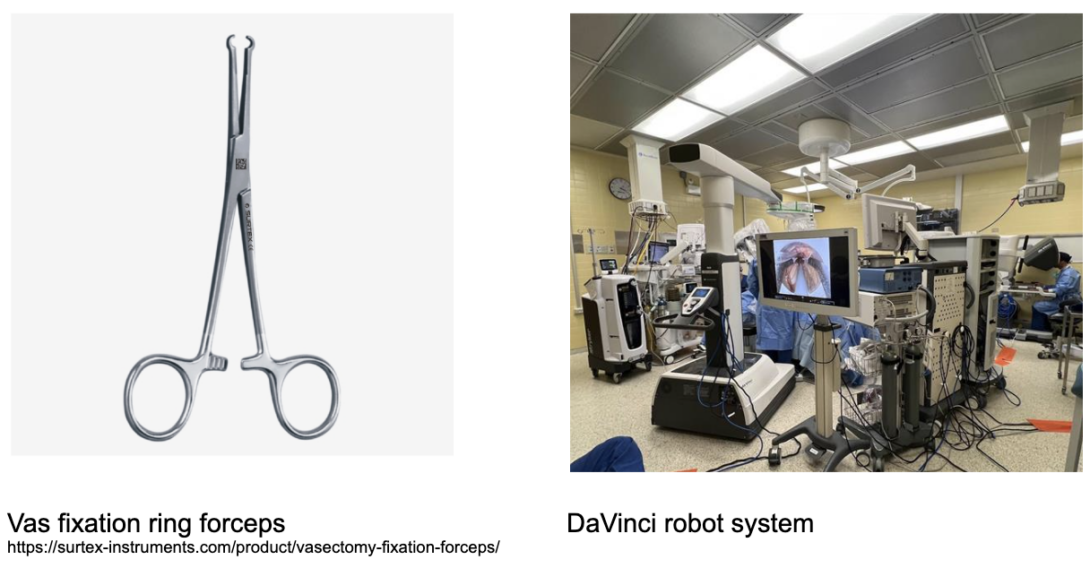 Image of vas fixation clamp forceps on the left, image of an operating room with the DaVinci single-port robot in use on the right