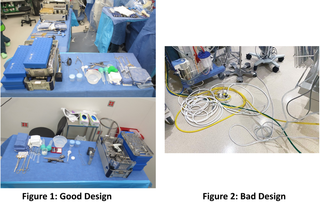 Combination of two figures for a good and bad design in a neurosurgery operating room setting.